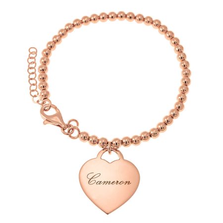 Beaded Name Bracelet with Engraved Heart in 18K Rose Gold Plating