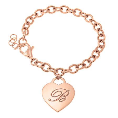 Initial Bracelet with Heart Pendant & Link Chain in 18K Rose Gold Plating
