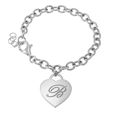 Initial Bracelet with Heart Pendant & Link Chain in 925 Sterling Silver