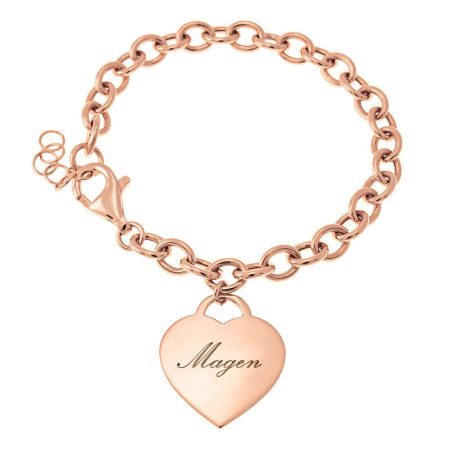 Name Bracelet with Heart Pendant & Link Chain in 18K Rose Gold Plating