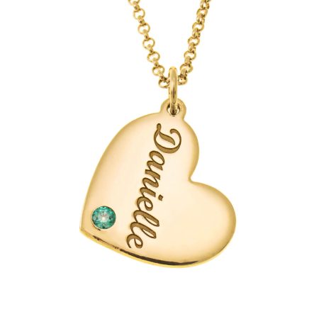 Engraved Heart Name Necklace with CZ Birthstone in 18K Gold Plating