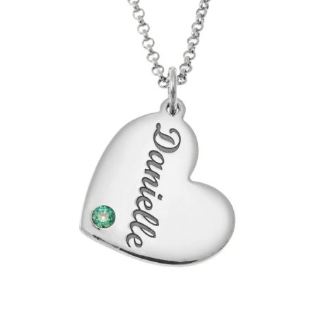 Engraved Heart Name Necklace with CZ Birthstone in 925 Sterling Silver