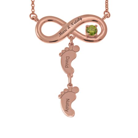 Infinity Necklace with Birthstone and Feet in 18K Rose Gold Plating