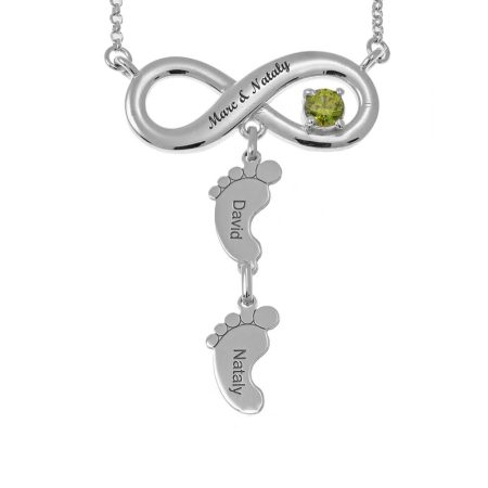 Infinity Necklace with Birthstone and Feet in 925 Sterling Silver