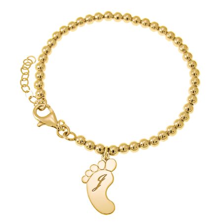 Initial Bracelet with Baby Foot & Beaded Chain in 18K Gold Plating