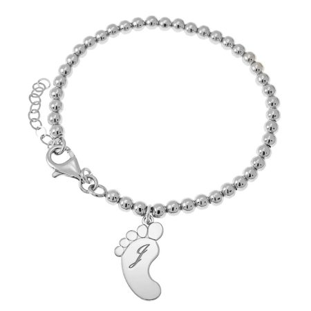 Initial Bracelet with Baby Foot & Beaded Chain in 925 Sterling Silver