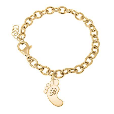Initial Bracelet with Engraved Baby Foot & link Chain in 18K Gold Plating