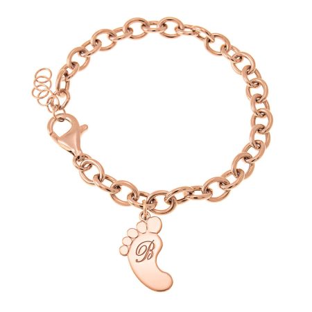 Initial Bracelet with Engraved Baby Foot & link Chain in 18K Rose Gold Plating