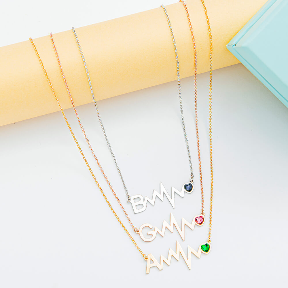 Initial Heartbeat Necklace with Birthstone-3