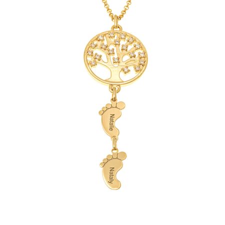 Circle Tree of Life Necklace with CZ & Baby Feet in 18K Gold Plating