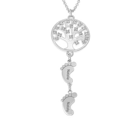 Circle Tree of Life Necklace with CZ & Baby Feet in 925 Sterling Silver