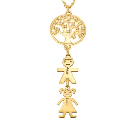 Family Circle Tree Necklace with CZ & kids charms in 18K Gold Plating