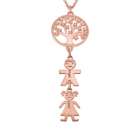 Family Circle Tree Necklace with CZ & kids charms in 18K Rose Gold Plating