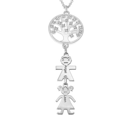 Family Circle Tree Necklace with CZ & kids charms in 925 Sterling Silver
