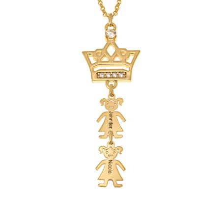 CZ Crown Necklace with Kids in 18K Gold Plating