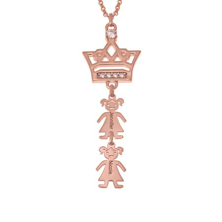 CZ Crown Necklace with Kids in 18K Rose Gold Plating