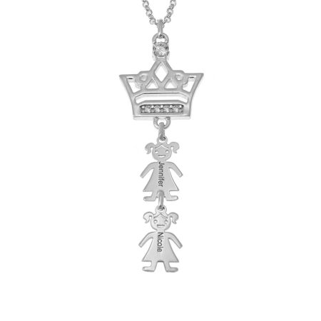 CZ Crown Necklace with Kids in 925 Sterling Silver