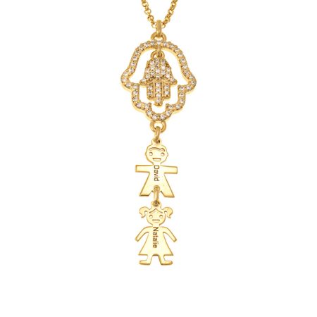 Double Hamsa Necklace with CZ & Kids in 18K Gold Plating