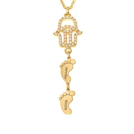 Hamsa Necklace with CZ & Baby Feet in 18K Gold Plating
