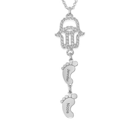 Hamsa Necklace with CZ & Baby Feet in 925 Sterling Silver