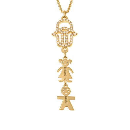 Hamsa Necklace with CZ & Kids Charms in 18K Gold Plating