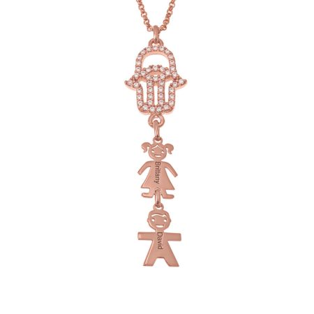 Hamsa Necklace with CZ & Kids Charms in 18K Rose Gold Plating