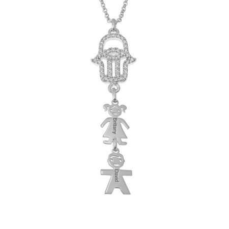 Hamsa Necklace with CZ & Kids Charms in 925 Sterling Silver