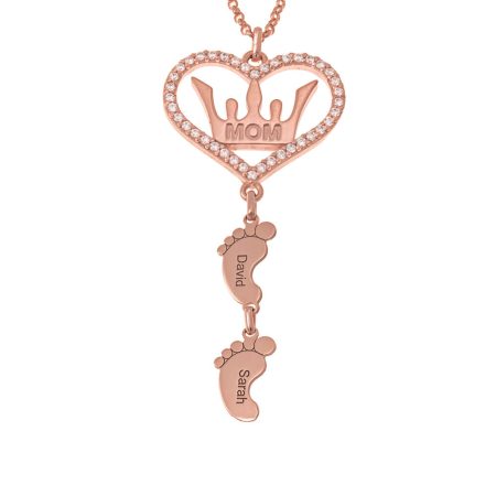 Heart Crown Necklace with CZ & Baby Feet in 18K Rose Gold Plating