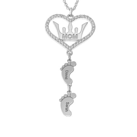 Heart Crown Necklace with CZ & Baby Feet in 925 Sterling Silver