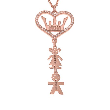 Mom Crown Necklace with CZ & Kids Charms in 18K Rose Gold Plating