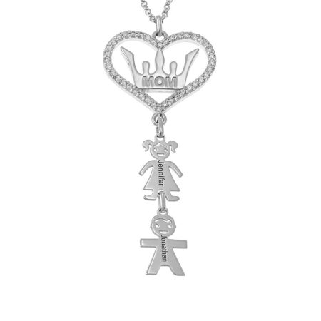 Mom Crown Necklace with CZ & Kids Charms in 925 Sterling Silver