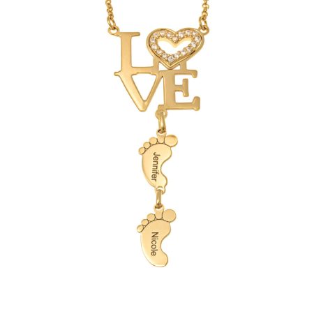 Heart LOVE Necklace with CZ & Baby Feet in 18K Gold Plating