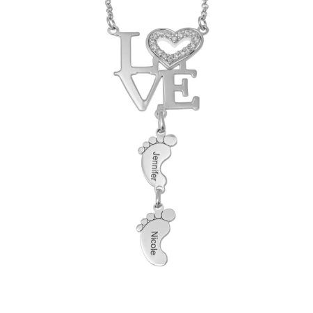 Heart LOVE Necklace with CZ & Baby Feet in 925 Sterling Silver