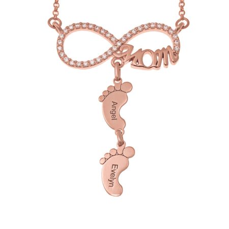 Infinity Mom Necklace with CZ & Baby Feet in 18K Rose Gold Plating