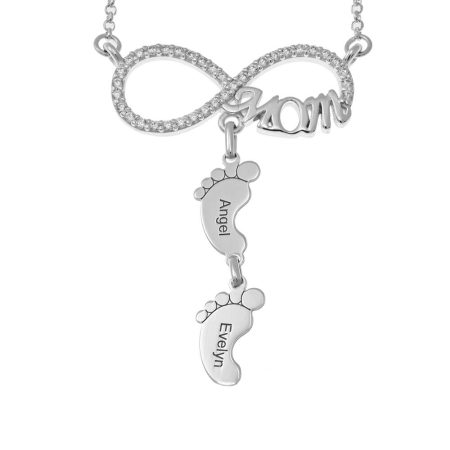 Infinity Mom Necklace with CZ & Baby Feet in 925 Sterling Silver