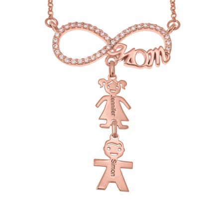 Infinity Mom Necklace with CZ & Kids in 18K Rose Gold Plating