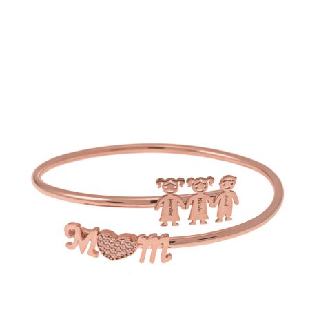 Cuff Bracelet Bangle with CZ Mom Inlay & Children Names in 18K Rose Gold Plating