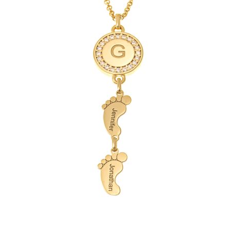 Circle Initial Necklace with CZ & Baby Feet in 18K Gold Plating