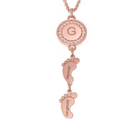 Circle Initial Necklace with CZ & Baby Feet in 18K Rose Gold Plating