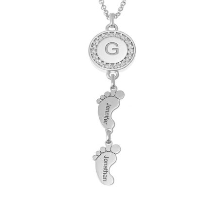 Circle Initial Necklace with CZ & Baby Feet in 925 Sterling Silver