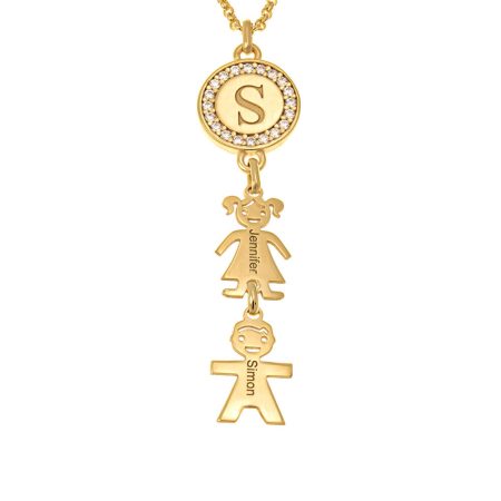Circle Initial Necklace with CZ & Kids charms in 18K Gold Plating
