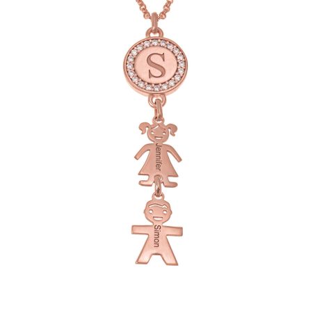 Circle Initial Necklace with CZ & Kids charms in 18K Rose Gold Plating