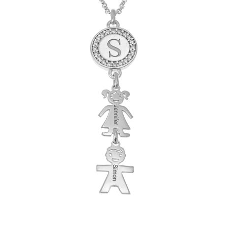 Circle Initial Necklace with CZ & Kids charms in 925 Sterling Silver