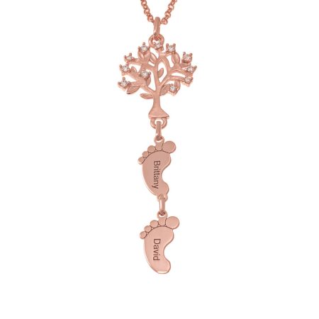 Tree of Life Necklace with CZ & Baby Feet in 18K Rose Gold Plating