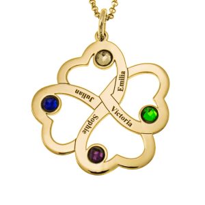 Intertwined 4 Hearts Name Necklace with Birthstones gold