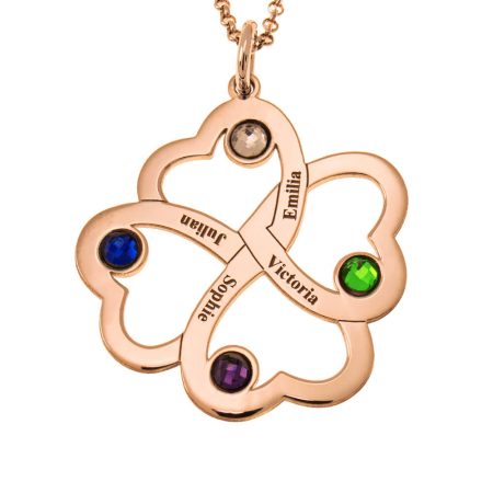 Intertwined 4 Hearts Name Necklace with Birthstones in 18K Rose Gold Plating