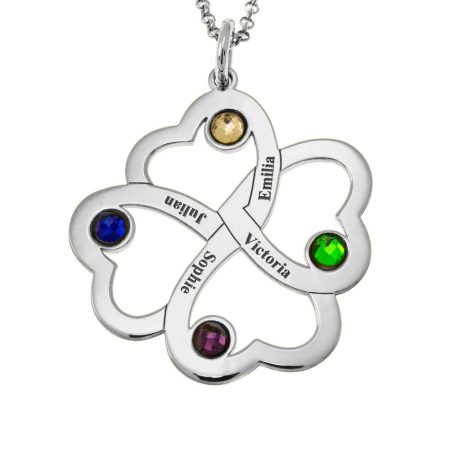 Intertwined 4 Hearts Name Necklace with Birthstones in 925 Sterling Silver