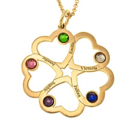 Intertwined 5 Hearts Name Necklace with Birthstones in 18K Gold Plating