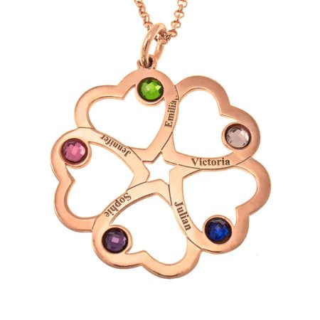 Intertwined 5 Hearts Name Necklace with Birthstones in 18K Rose Gold Plating