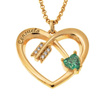 Couples Heart Necklace with Love Arrow & Birthstone in 18K Gold Plating
